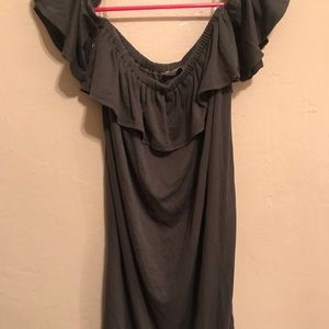 olive green off the shoulder ruffle dress .